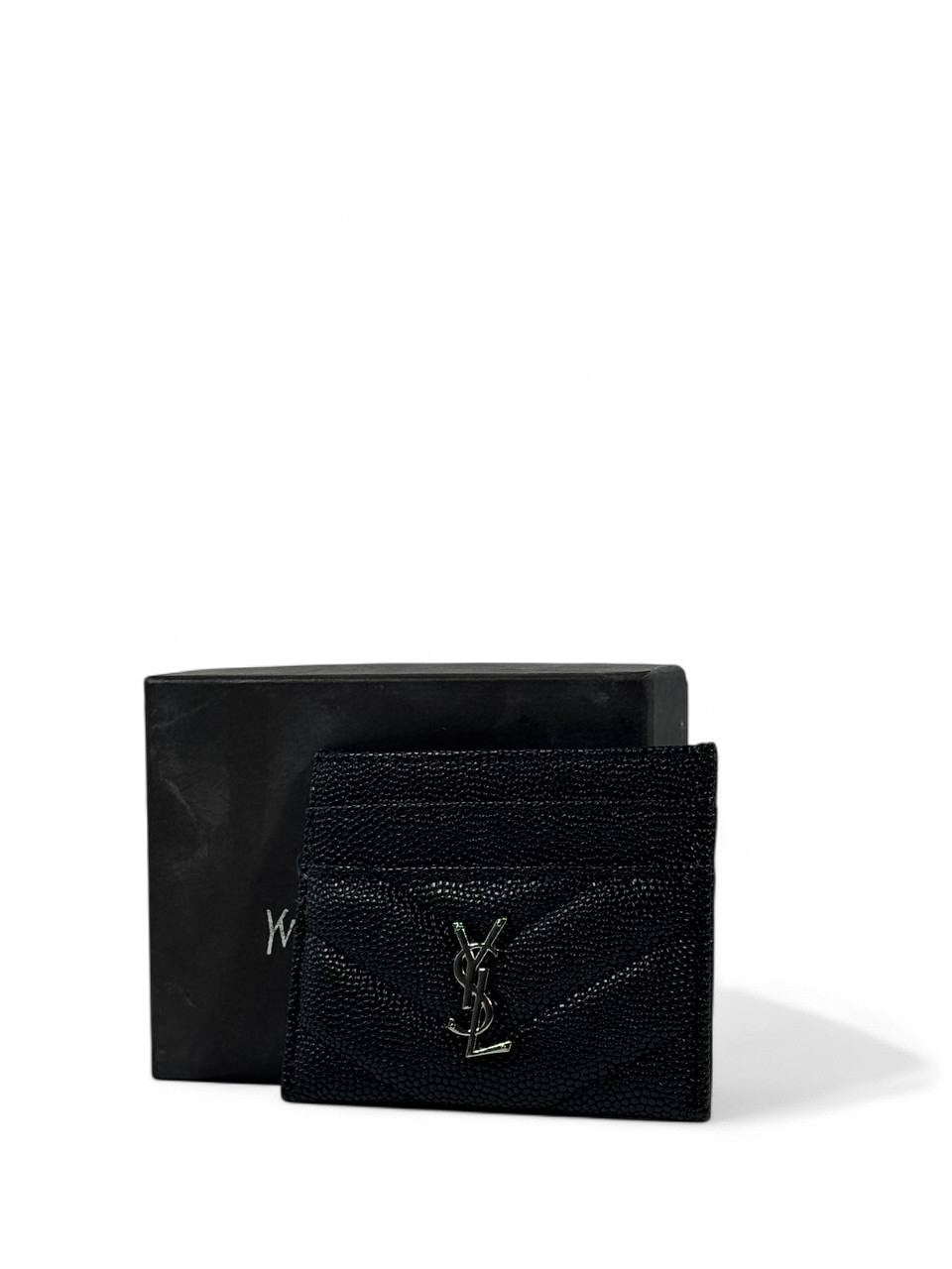 🖤 YSL Black Leather Card Holder – Silver Monogram Edition