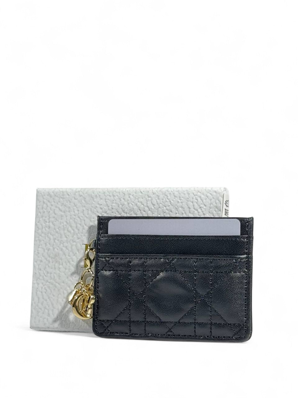 🖤 Dior Black Cannage Leather Card Holder – Gold Charms