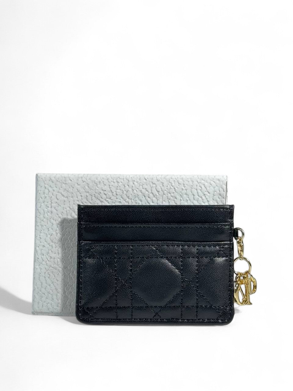 🖤 Dior Black Cannage Leather Card Holder – Gold Charms
