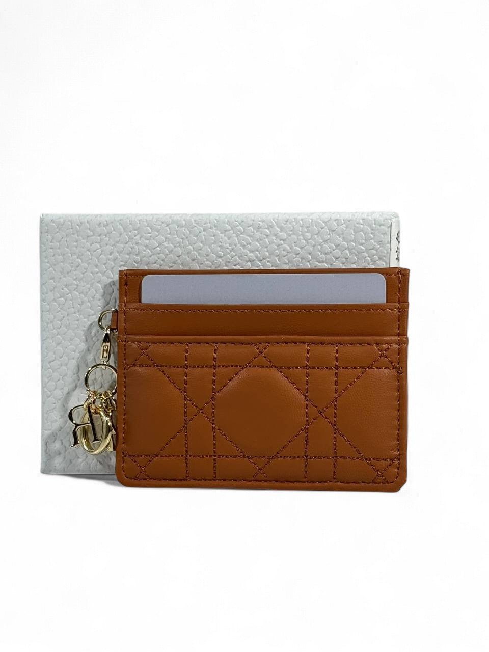 🤎 Dior Tan Cannage Leather Card Holder – Gold Charms