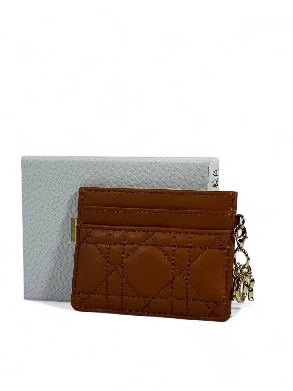 🤎 Dior Tan Cannage Leather Card Holder – Gold Charms