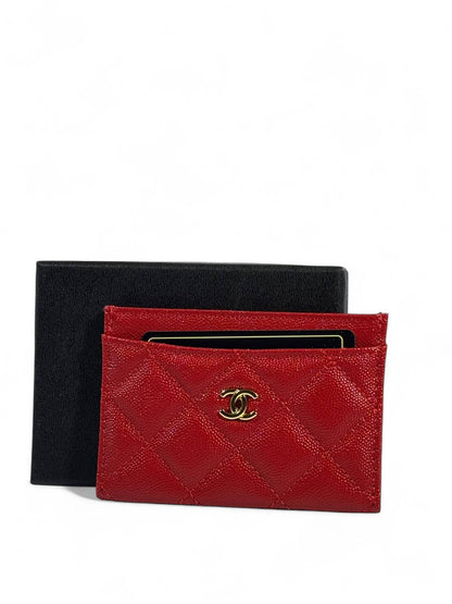 ❤️ Chanel Quilted Caviar Card Holder – Red with Gold CC