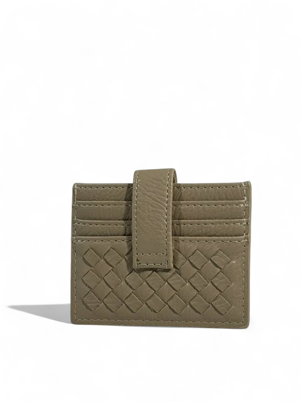 🔹 Bottega Veneta Woven Leather Card Holder – Taupe