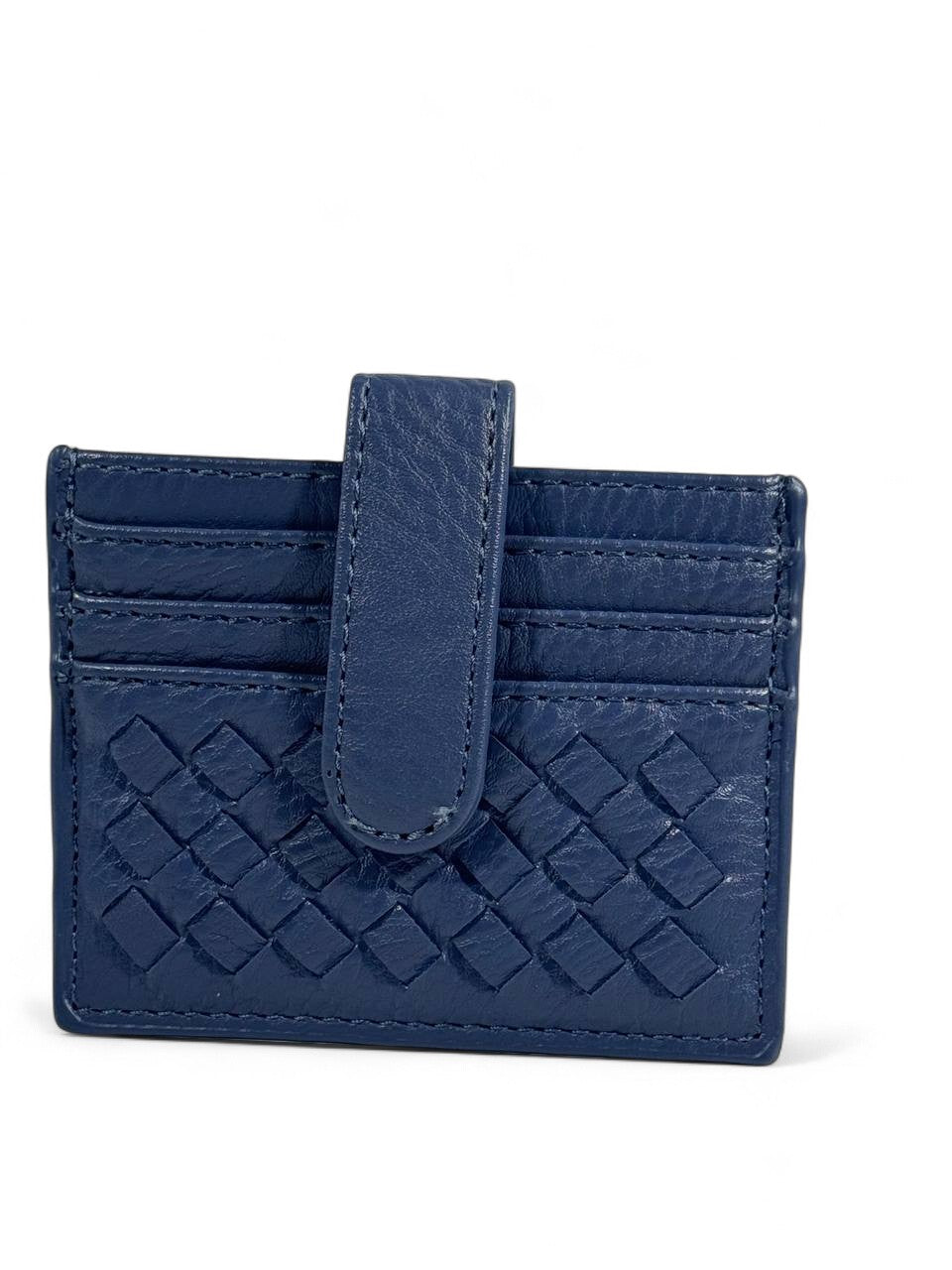 🟦 Bottega-Inspired Woven Leather Card Holder – Navy Blue