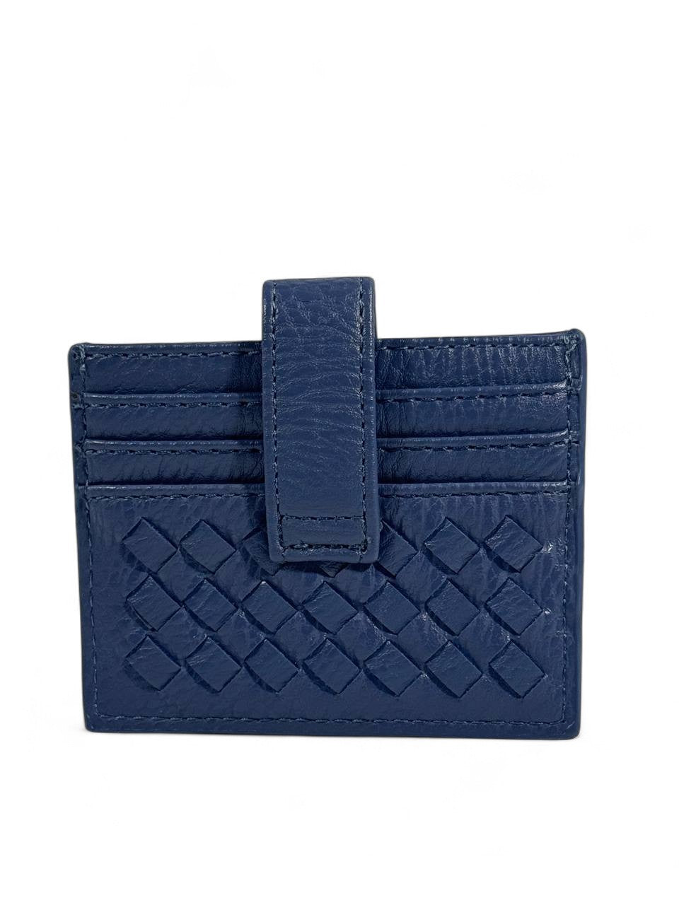 🟦 Bottega-Inspired Woven Leather Card Holder – Navy Blue