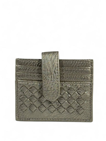 🩶 Bottega-Inspired Woven Leather Card Holder – Metallic Grey