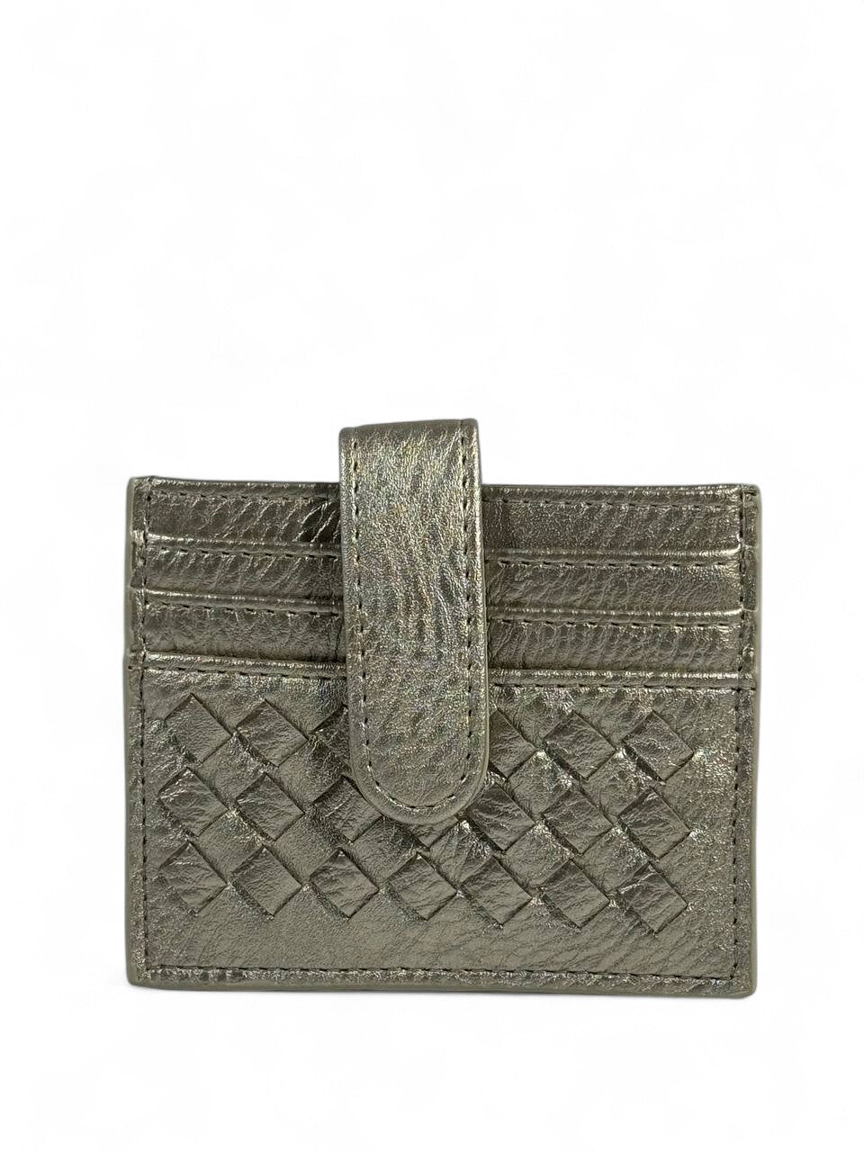 🩶 Bottega-Inspired Woven Leather Card Holder – Metallic Grey