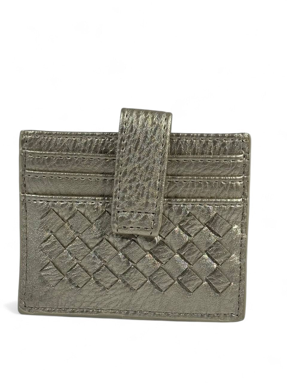 🩶 Bottega-Inspired Woven Leather Card Holder – Metallic Grey