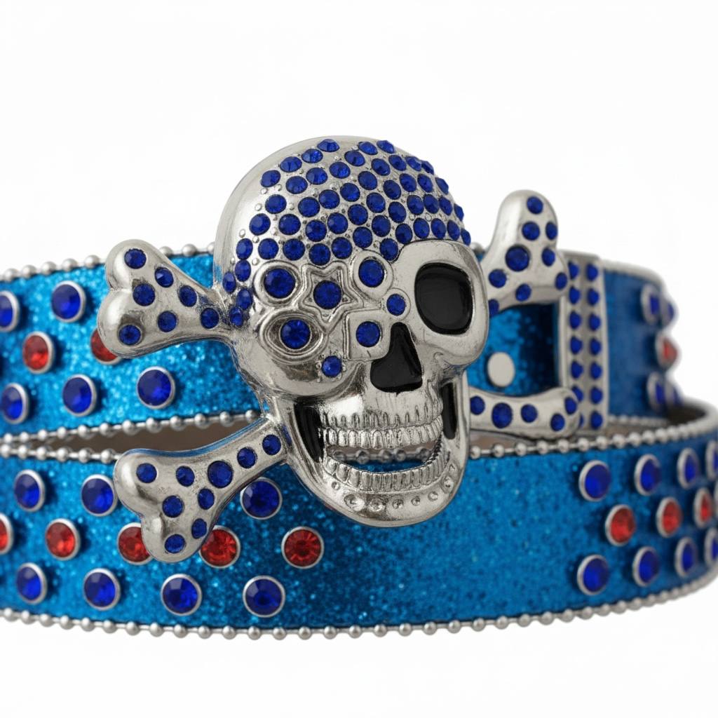 🔥 Skull Rhinestone Belt – Blue Luxury Statement Edition