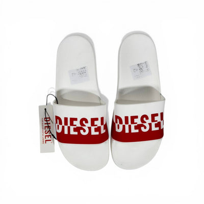 🔴⚪ Diesel Slides – White & Red Logo Edition 🔥🩴