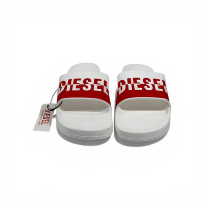 🔴⚪ Diesel Slides – White & Red Logo Edition 🔥🩴