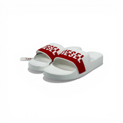 🔴⚪ Diesel Slides – White & Red Logo Edition 🔥🩴