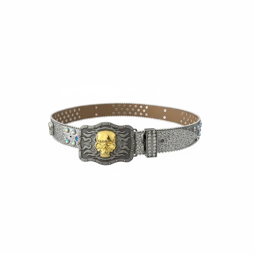 💀✨ Golden Skull Crystal Belt – Iced Silver Edition 🔥💎
