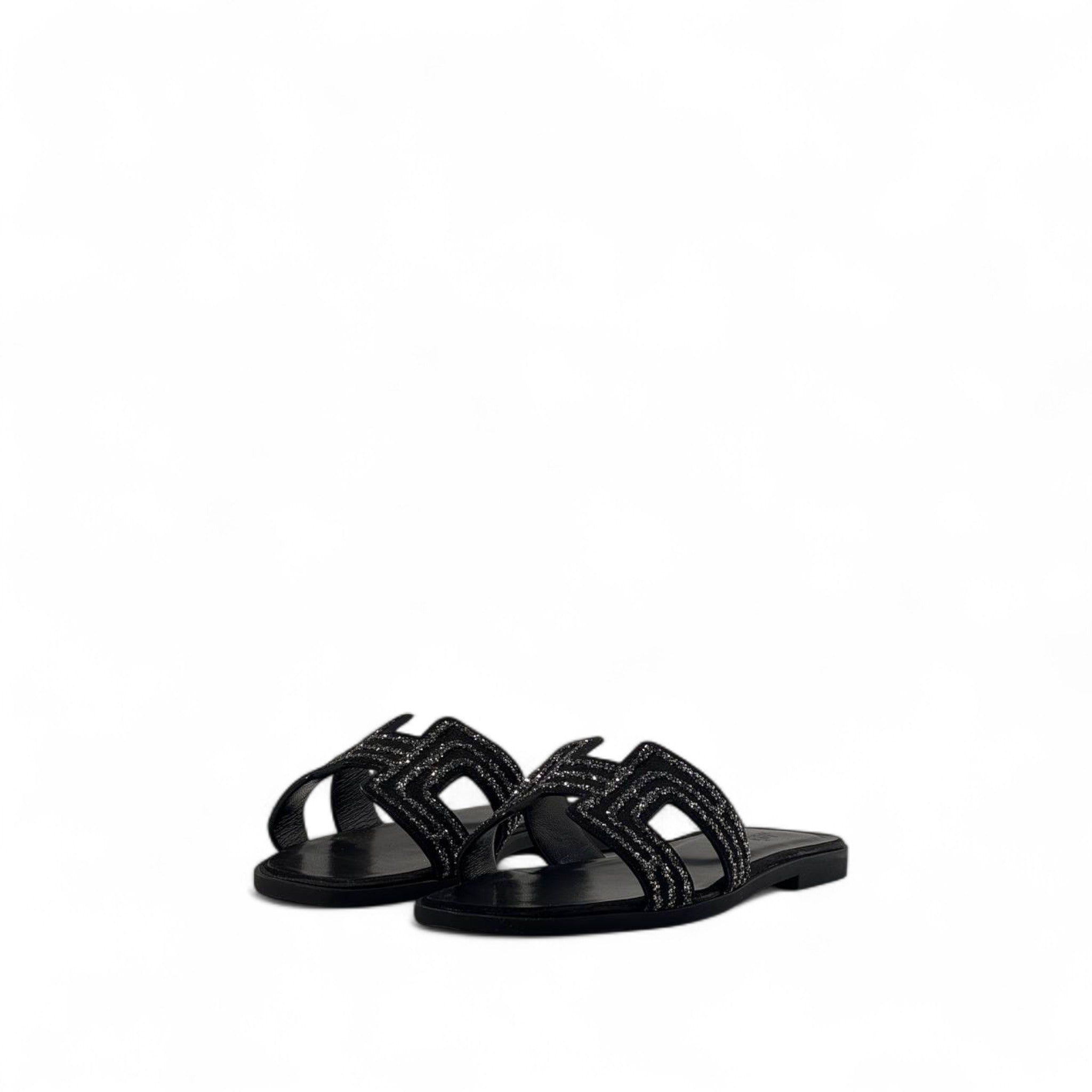 Hermès-Inspired Black Glitter Slippers ✨ – Luxury H Sandals with Box