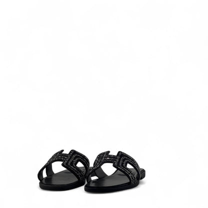 Hermès-Inspired Black Glitter Slippers ✨ – Luxury H Sandals with Box