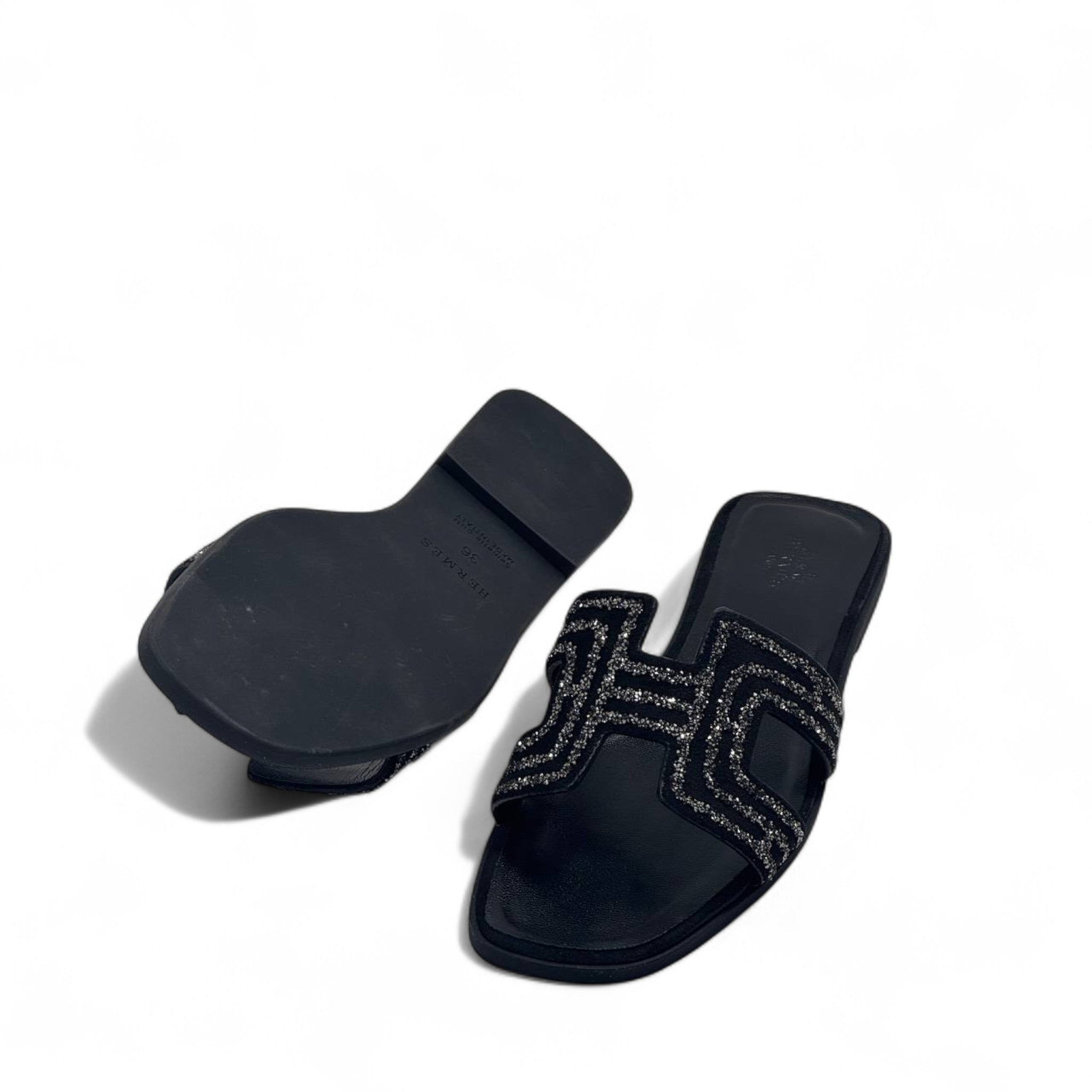 Hermès-Inspired Black Glitter Slippers ✨ – Luxury H Sandals with Box