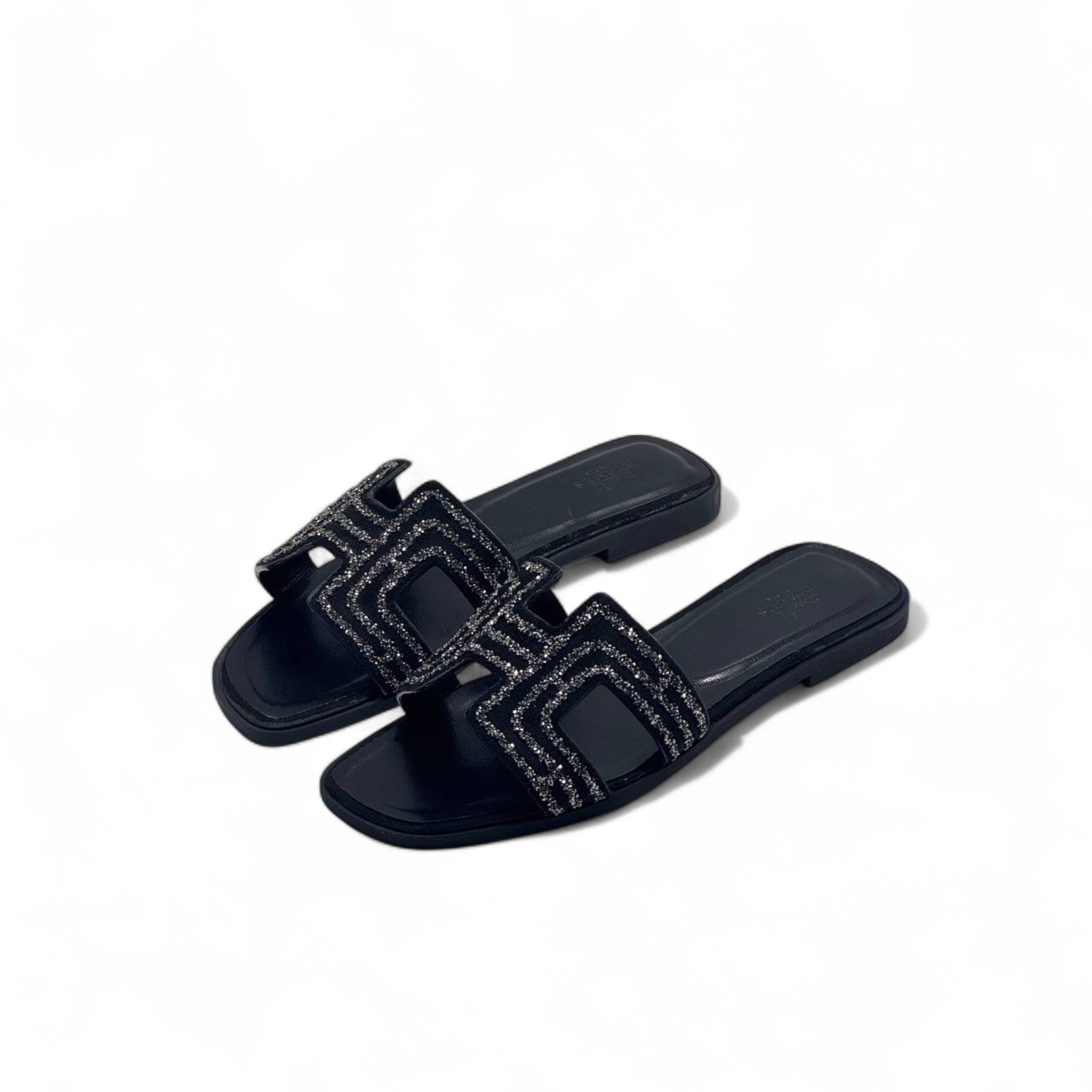 Hermès-Inspired Black Glitter Slippers ✨ – Luxury H Sandals with Box