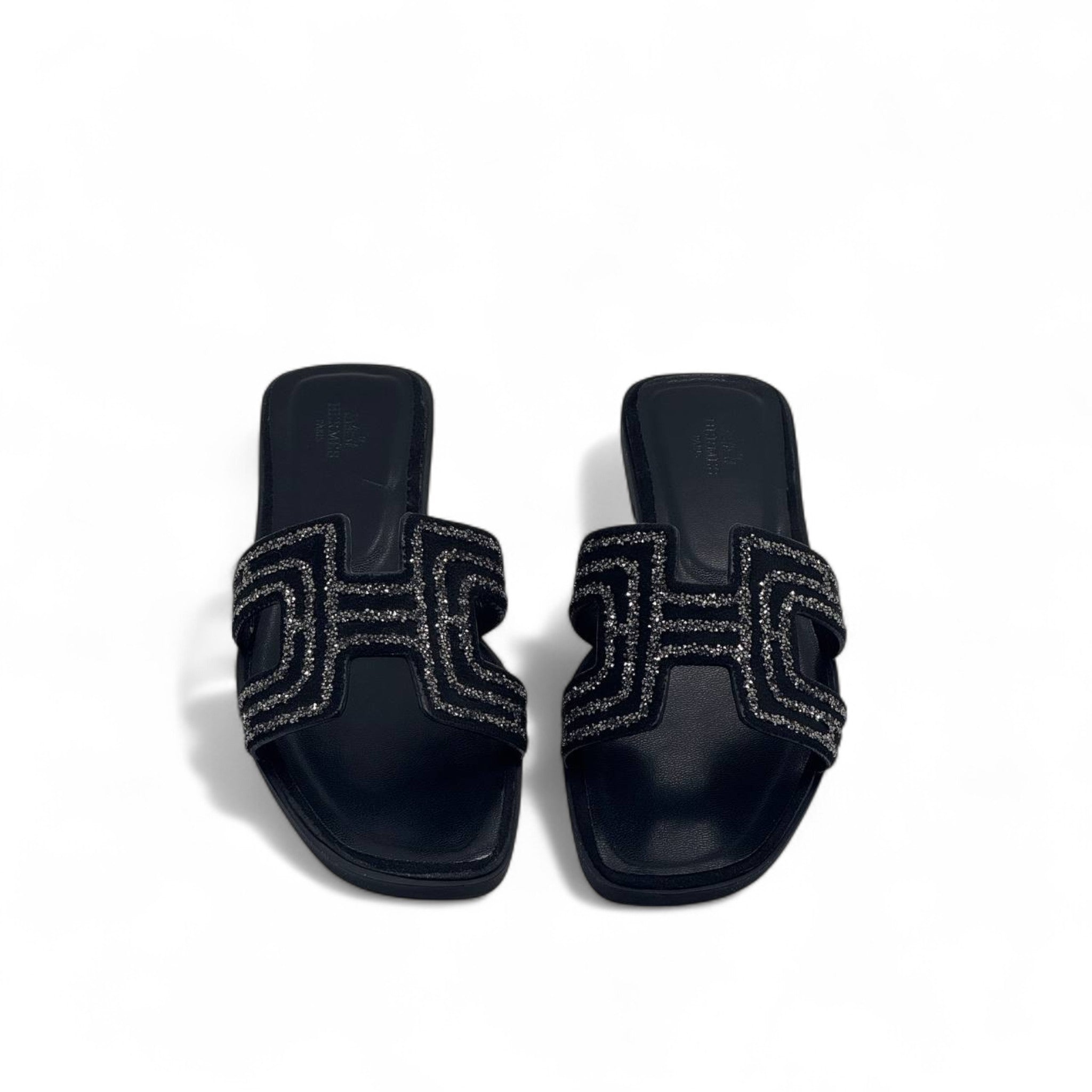 Hermès-Inspired Black Glitter Slippers ✨ – Luxury H Sandals with Box