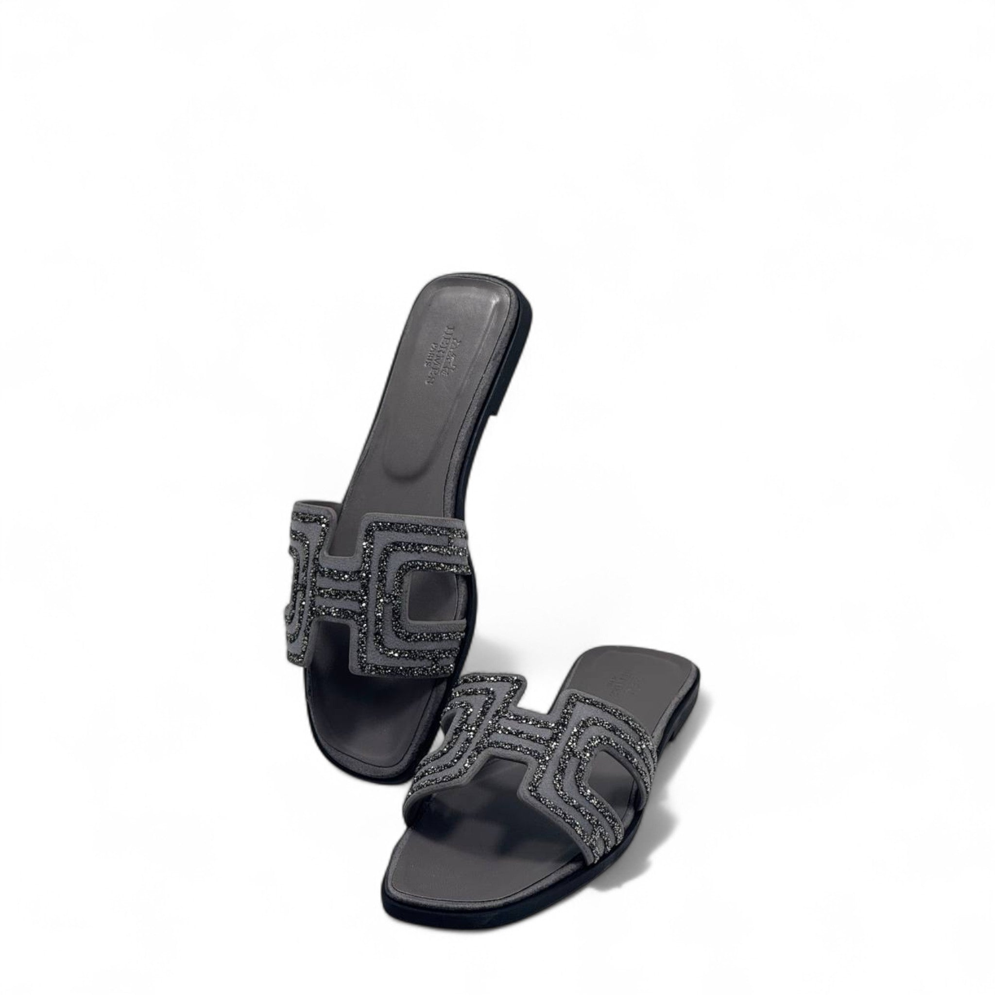 Hermès H-Style Glitter Slippers– Elegant Black Summer Slides with Box ✨