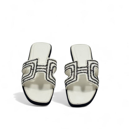 Hermès H-Style Glitter Slippers – Elegant White Designer Flats with Box ✨