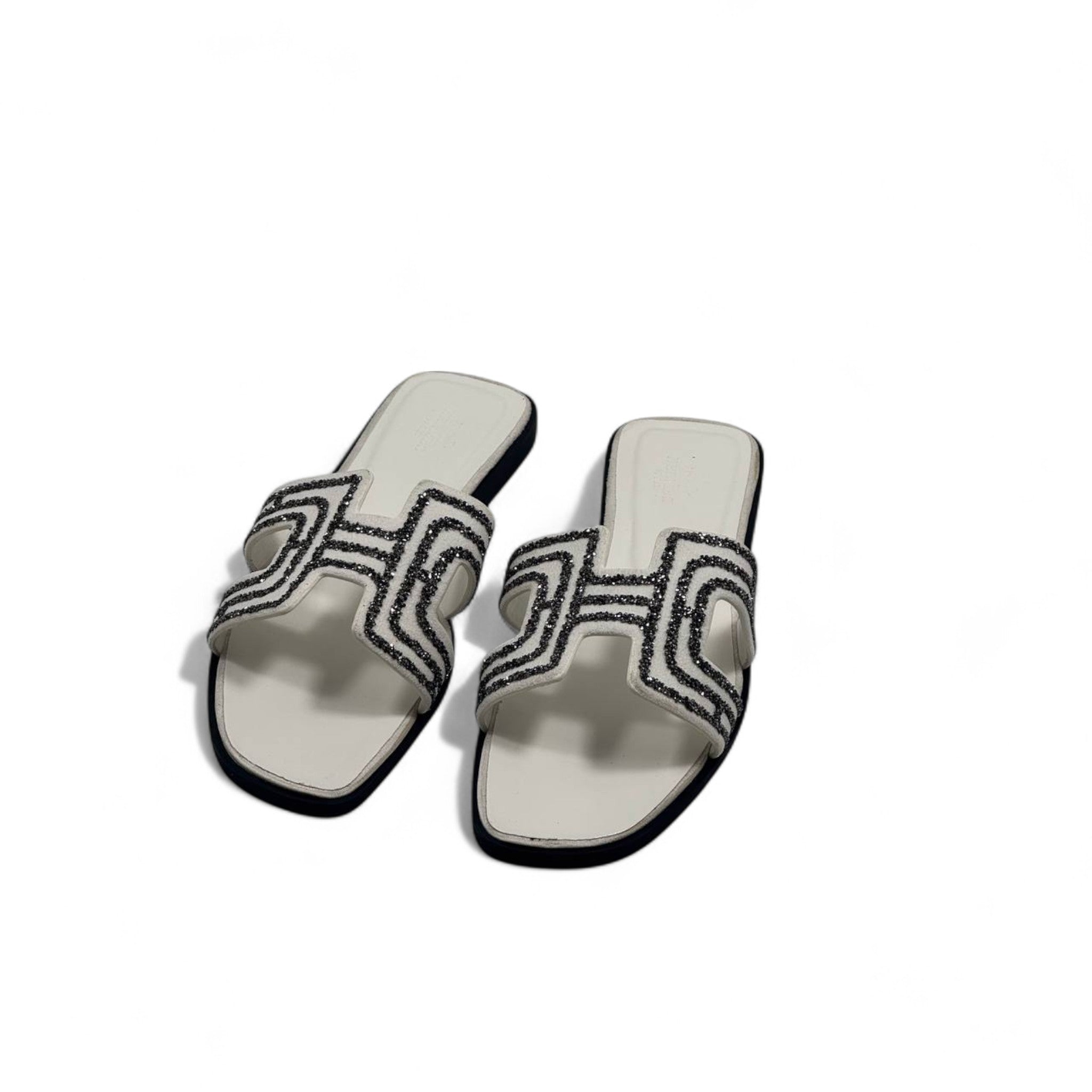 Hermès H-Style Glitter Slippers – Elegant White Designer Flats with Box ✨