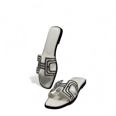 Hermès H-Style Glitter Slippers – Elegant White Designer Flats with Box