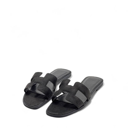 Hermès H-Style Suede Slippers – Black Chic Flats with Box 🖤