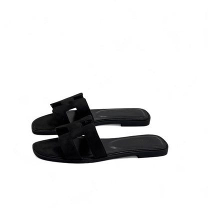 Hermès H-Style Suede Slippers – Black Chic Flats with Box 🖤