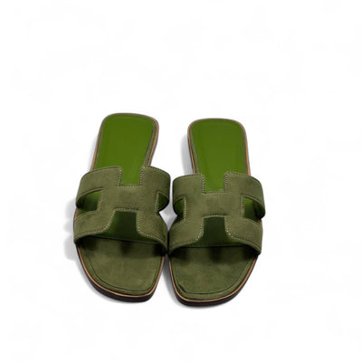 Hermès H-Style Suede Slippers – Olive Green Luxe Flats 🌿