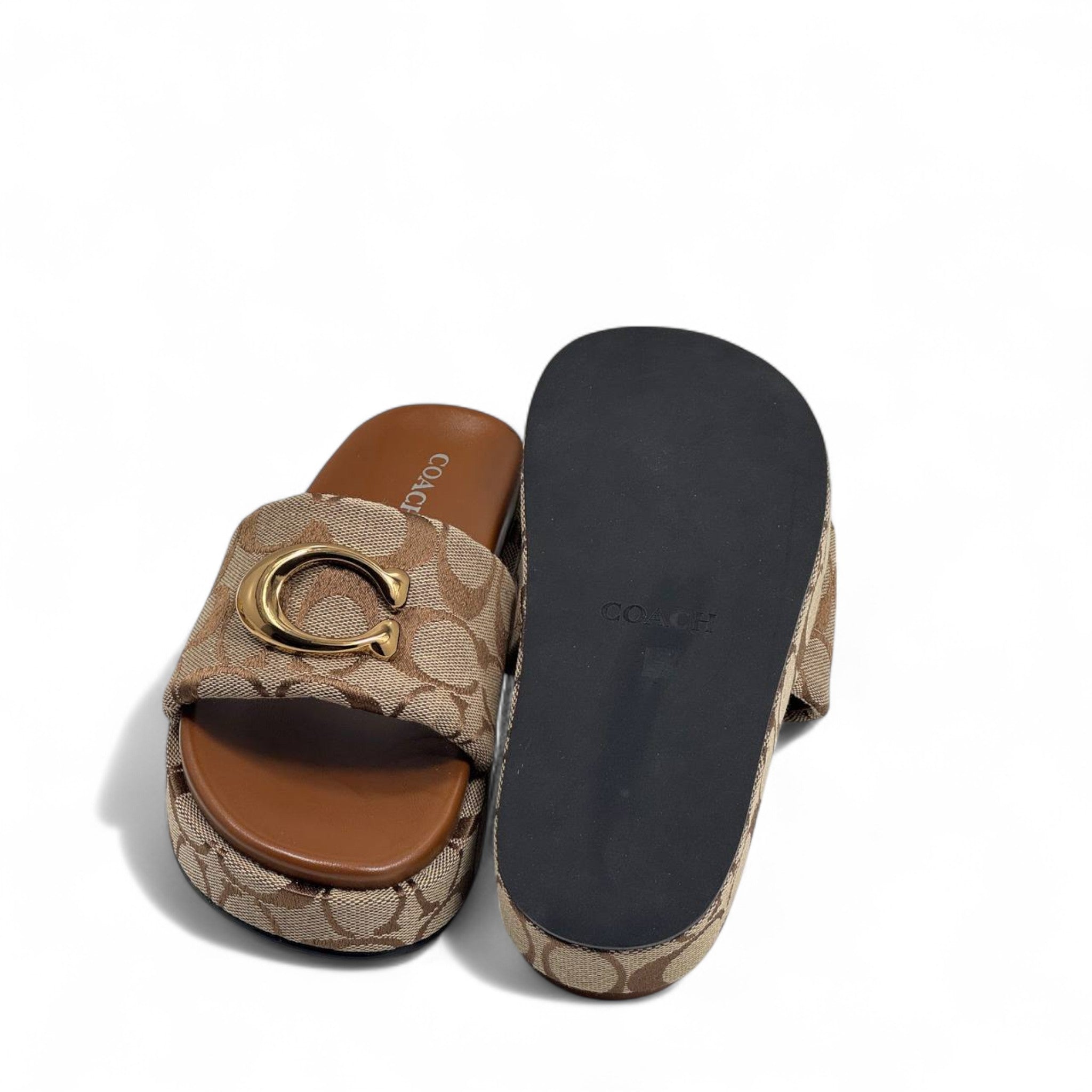 Coach Signature C Platform Slippers – Gold Buckle Charm ✨