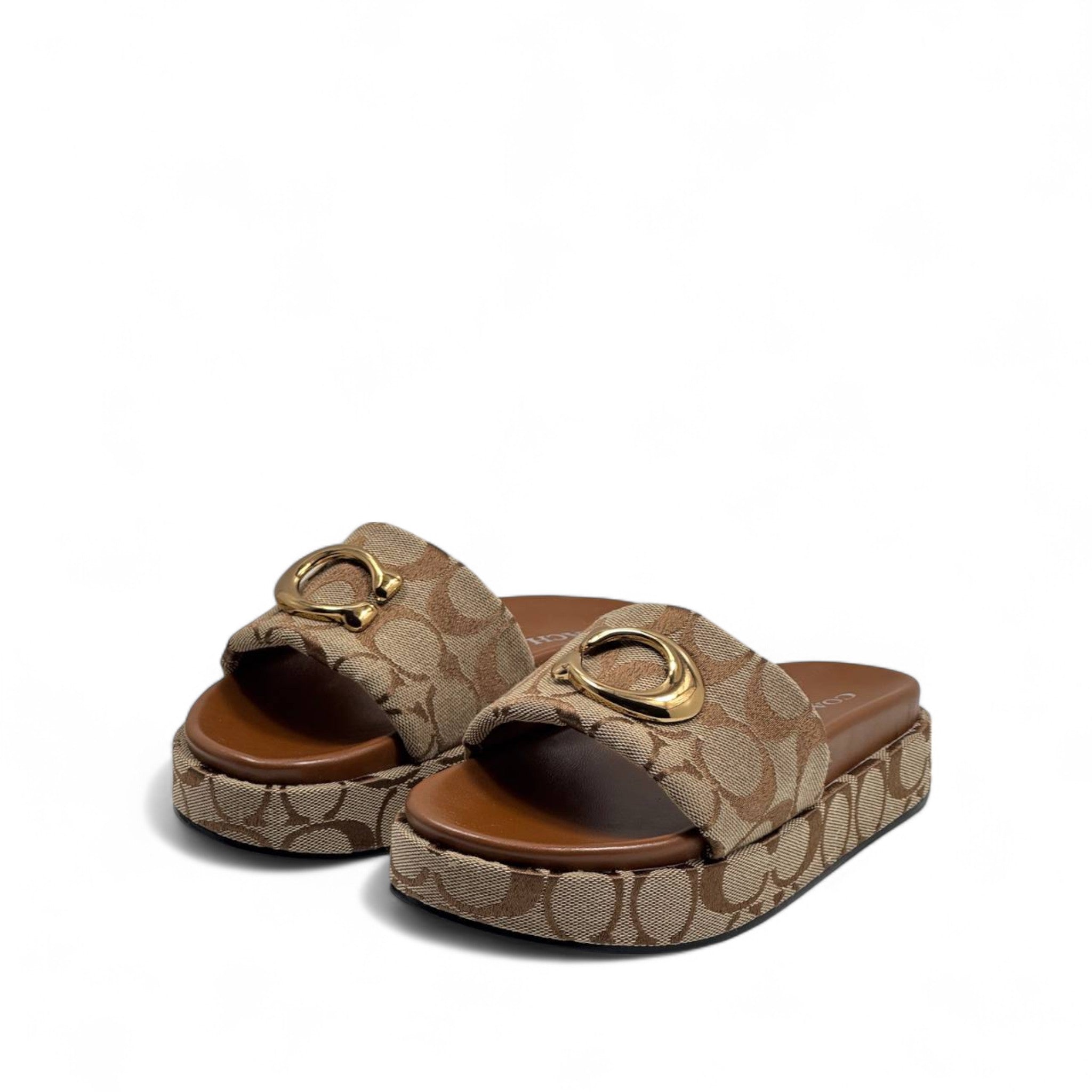 Coach Signature C Platform Slippers – Gold Buckle Charm ✨