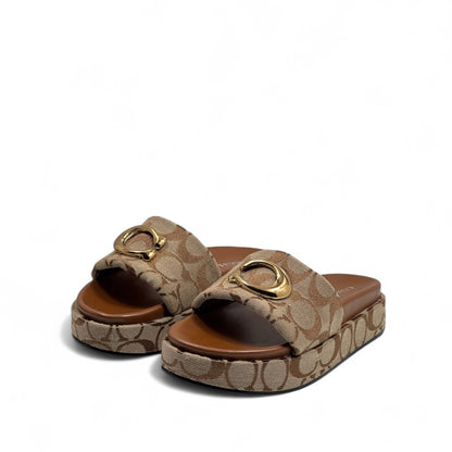 Coach Signature C Platform Slippers – Gold Buckle Charm ✨