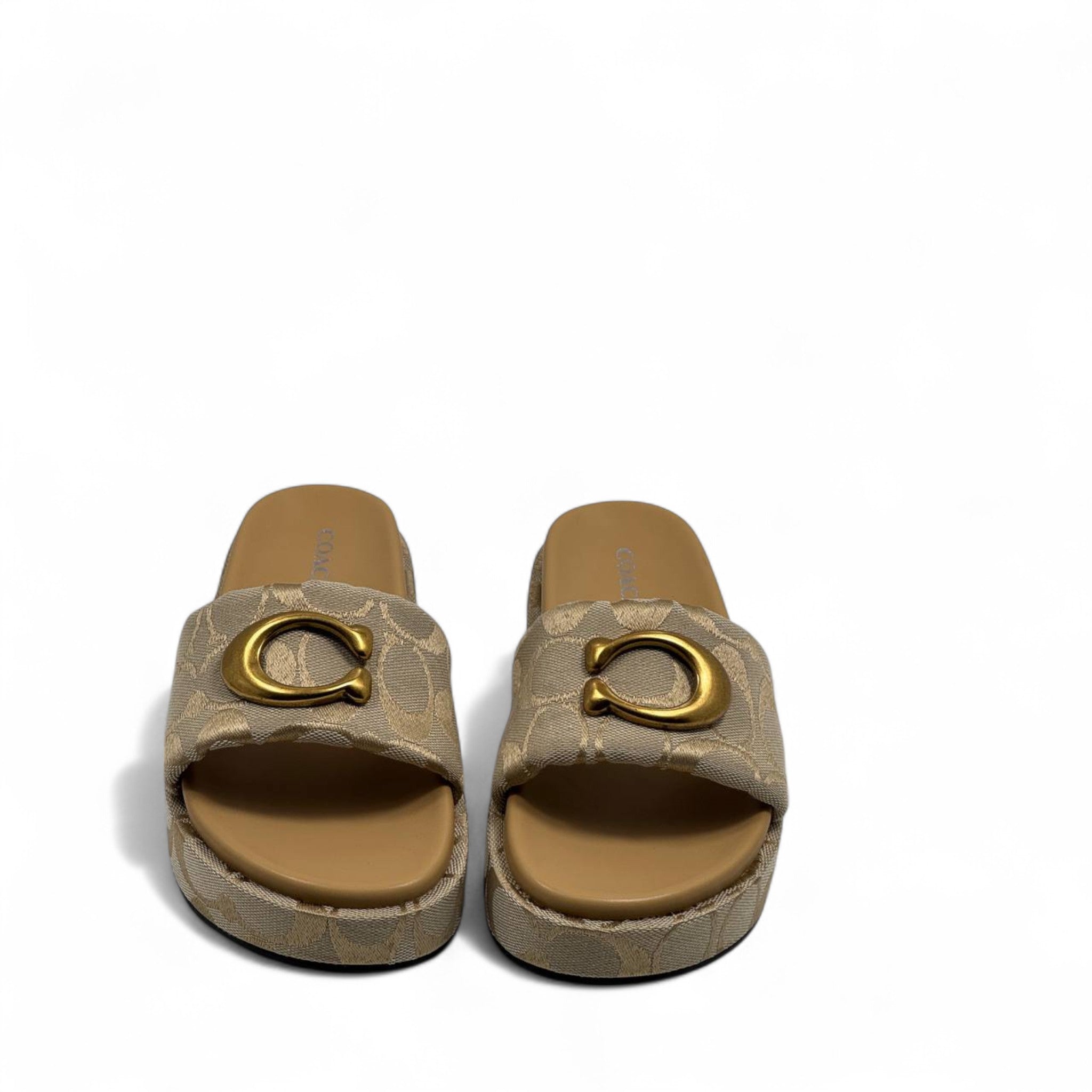 Coach Beige Signature C Platform Slippers – Gold Emblem Elegance ✨