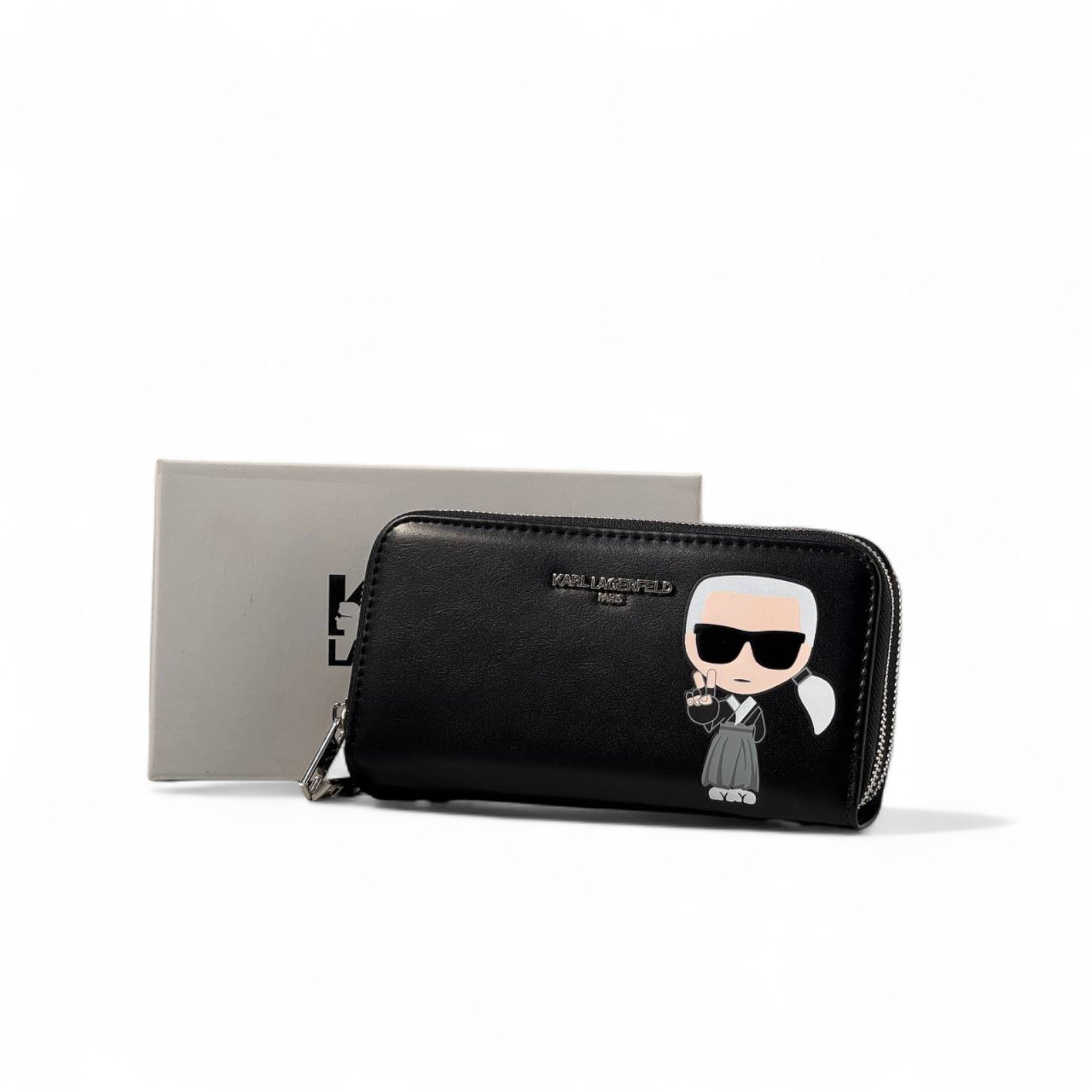 Karl Lagerfeld Black Zip Wallet with Iconic Cartoon Logo – With Box 🖤🕶️