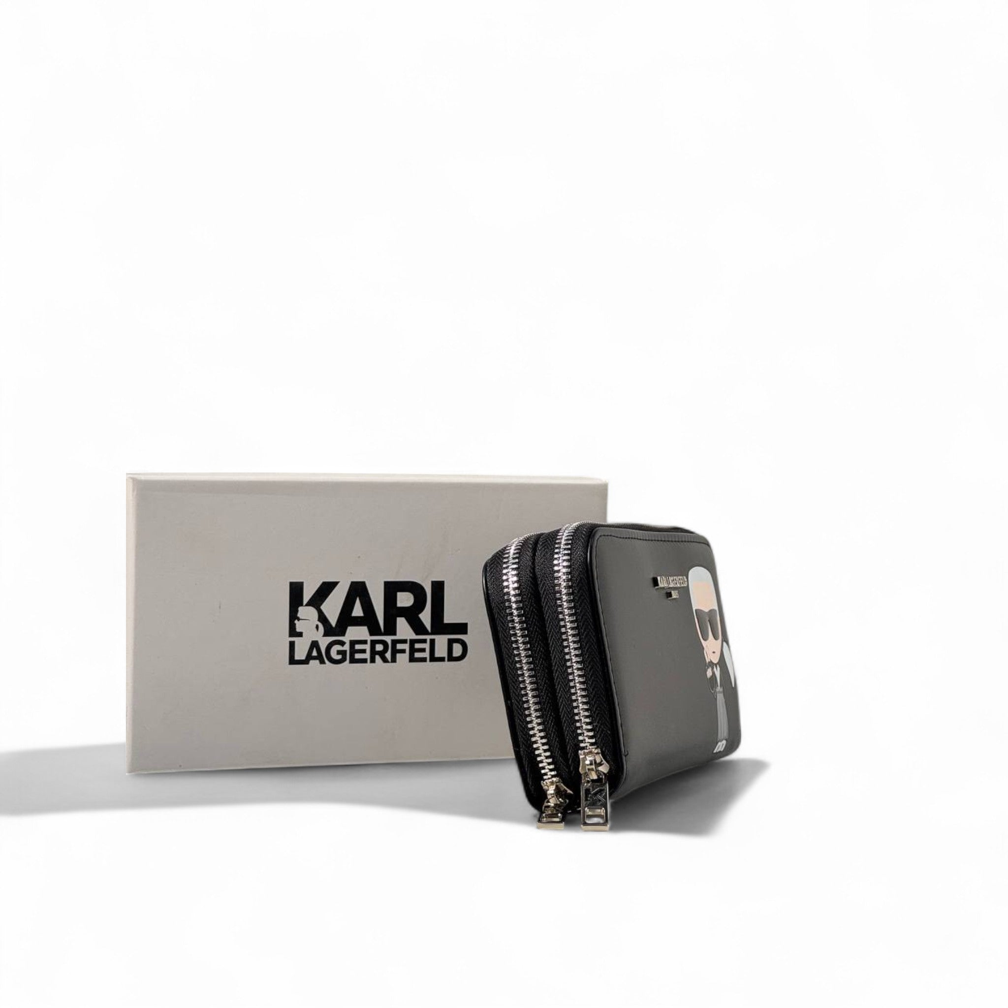 Karl Lagerfeld Black Zip Wallet with Iconic Cartoon Logo – With Box 🖤🕶️