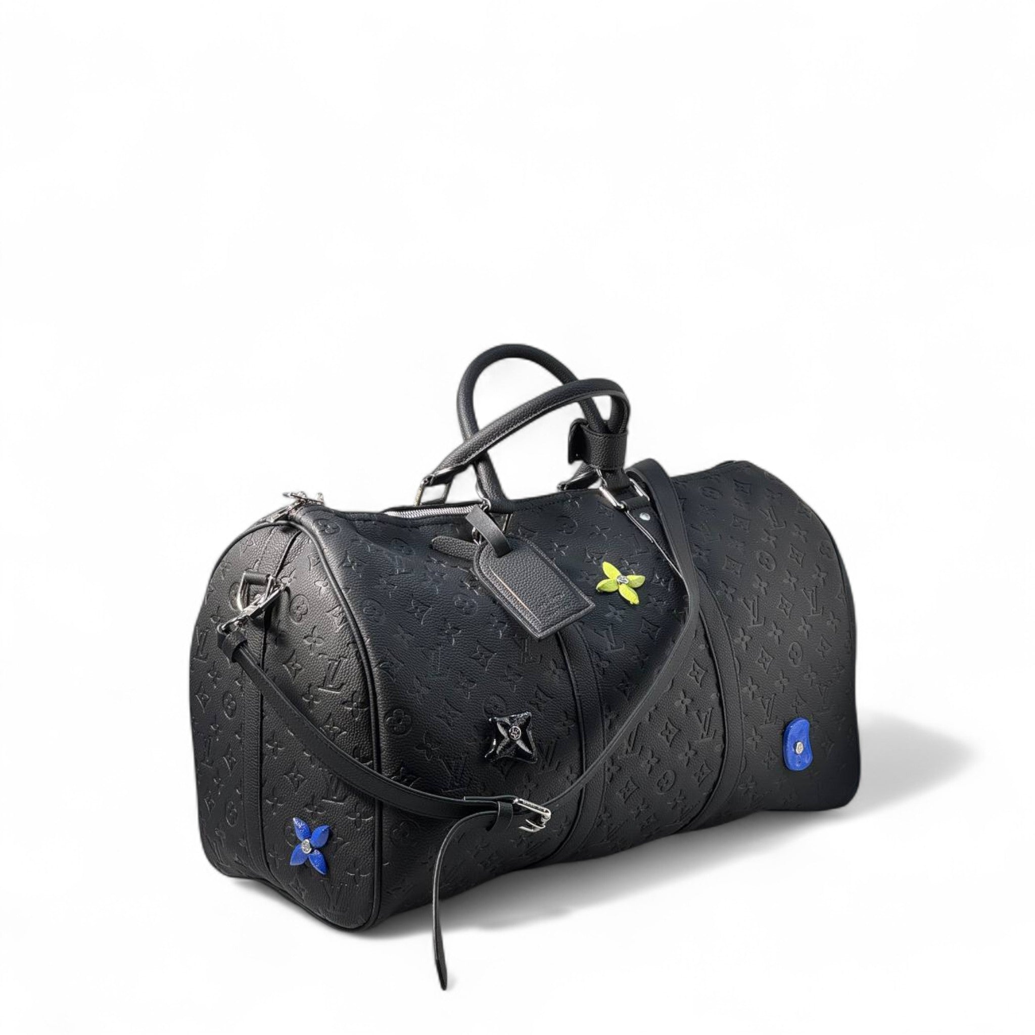 Louis Vuitton Black Embossed Keepall Bag with Colorful Floral Accents 🌼🖤