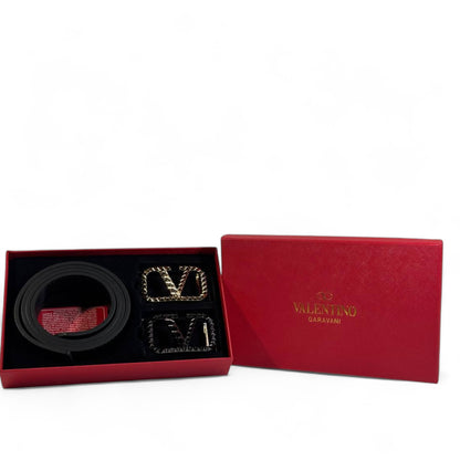 Valentino Garavani Belt Set 🖤✨ | 2 Signature Studded “V” Buckles • Luxury Gift Box|115cm