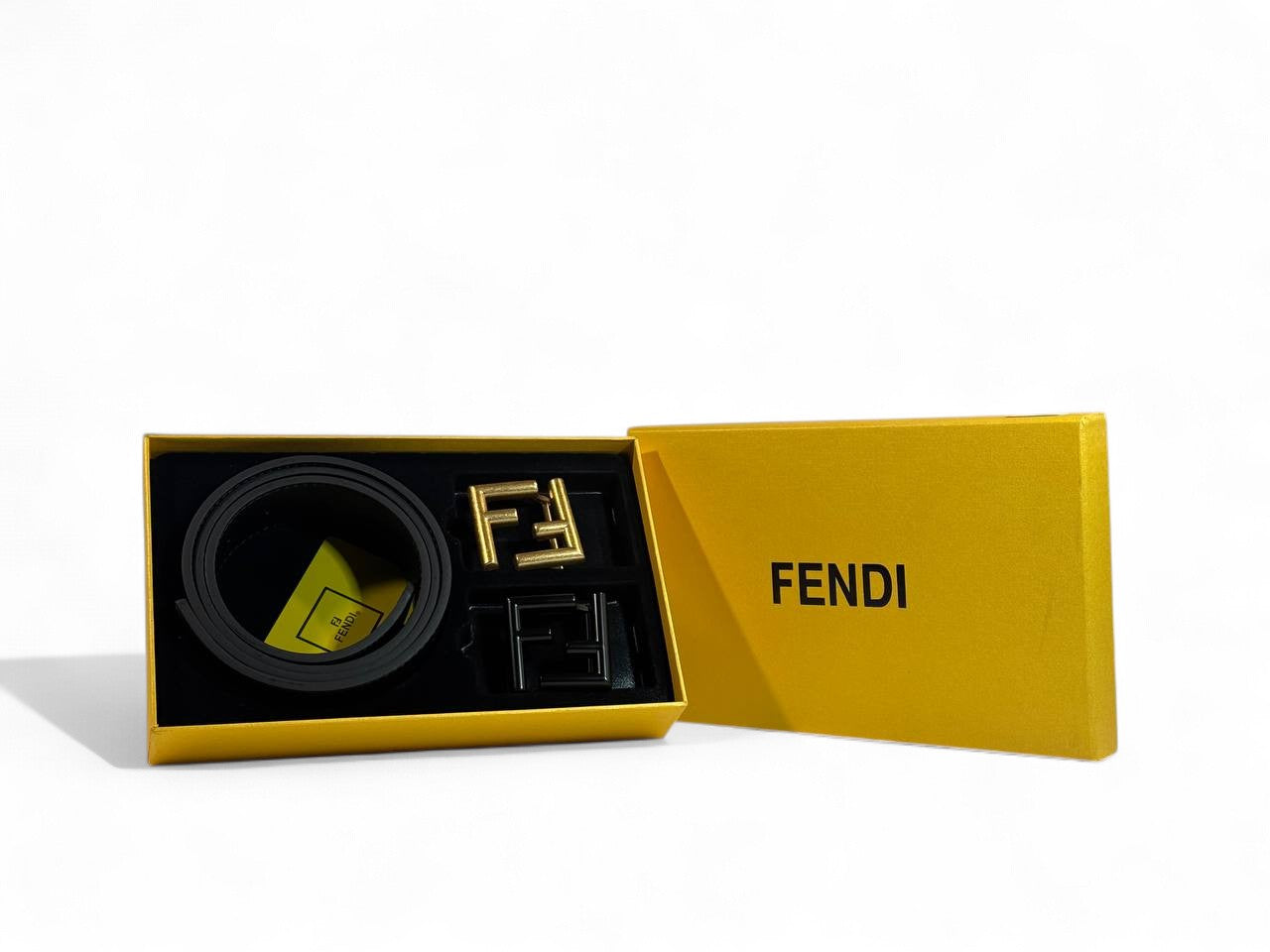 Fendi Belt Set 💛🖤 | 115 cm • Gold & Black “FF” Buckles • Signature Yellow Gift Box