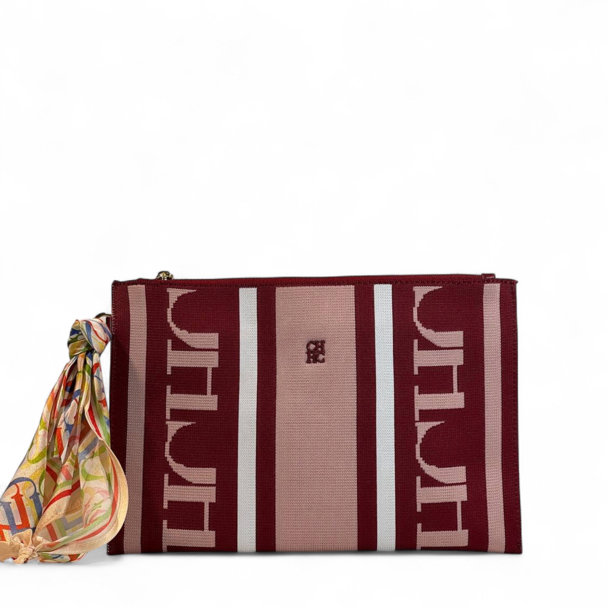 CH Carolina Herrera Monogram Clutch 👜✨ | Burgundy & Pink Stripes • Silk Scarf Accent