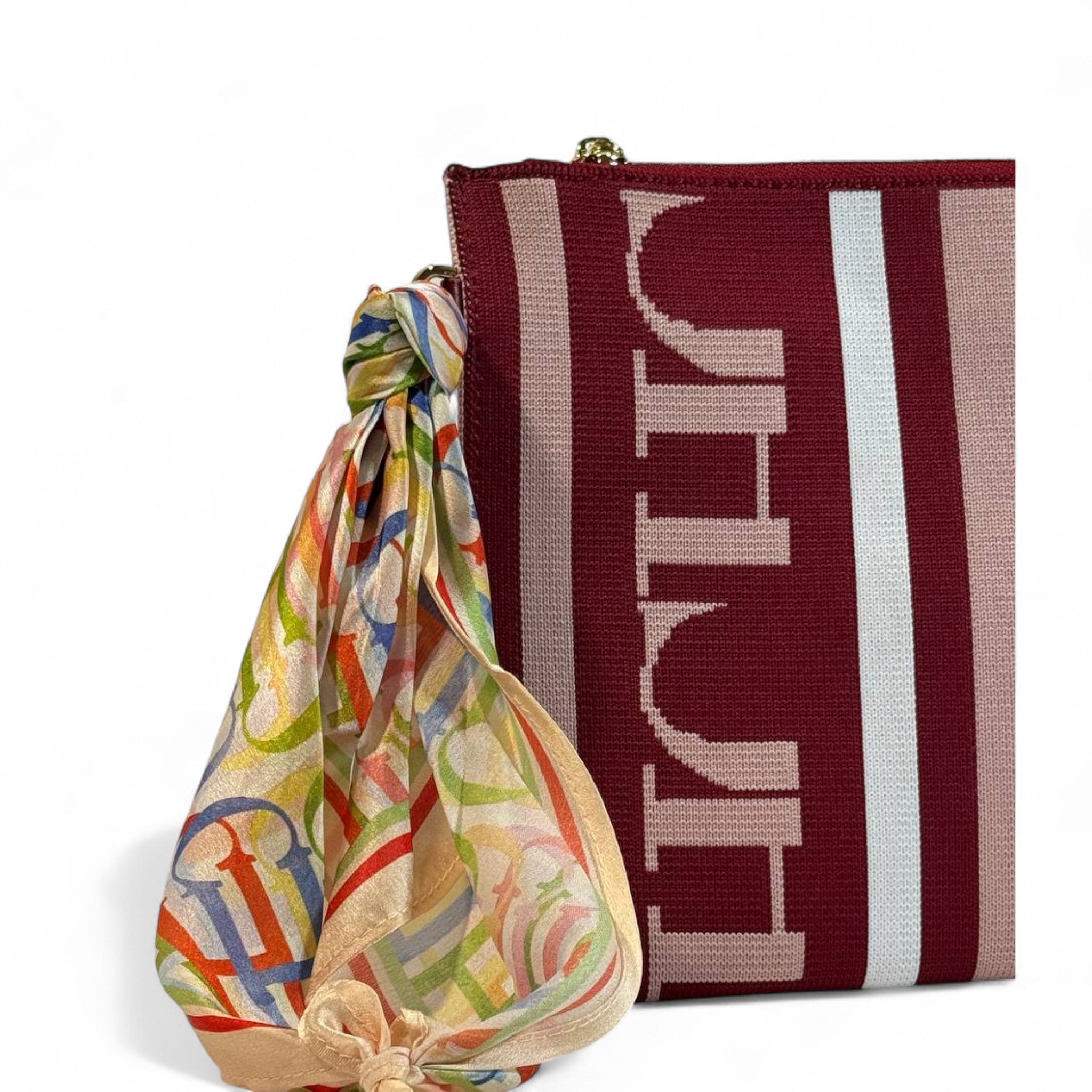CH Carolina Herrera Monogram Clutch 👜✨ | Burgundy & Pink Stripes • Silk Scarf Accent