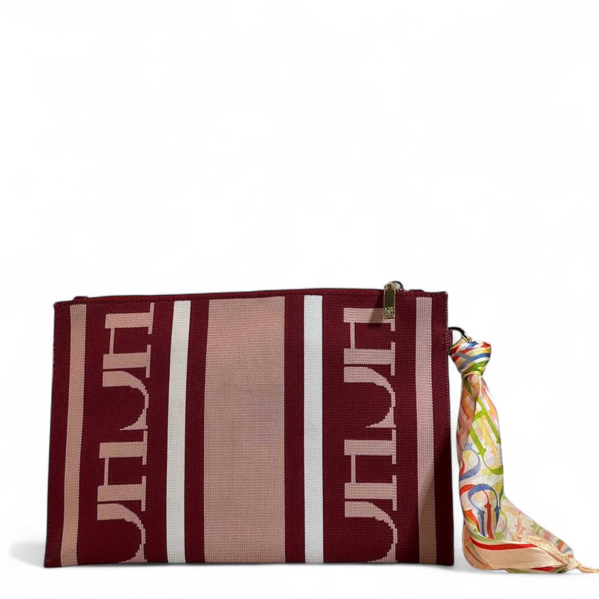 CH Carolina Herrera Monogram Clutch 👜✨ | Burgundy & Pink Stripes • Silk Scarf Accent