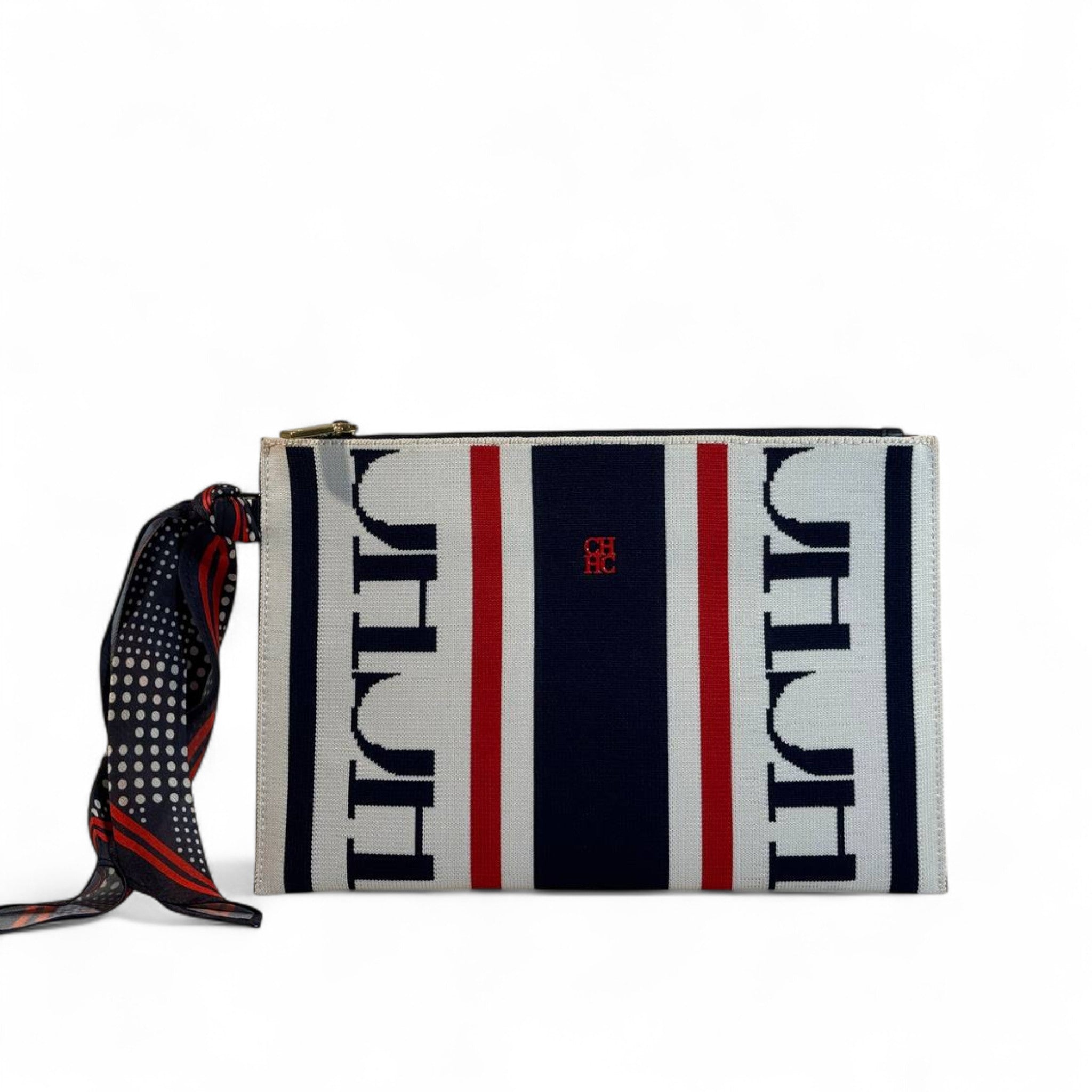 CH Carolina Herrera Monogram Clutch 👜✨ | Navy • White • Red Stripes • Silk Scarf Accent