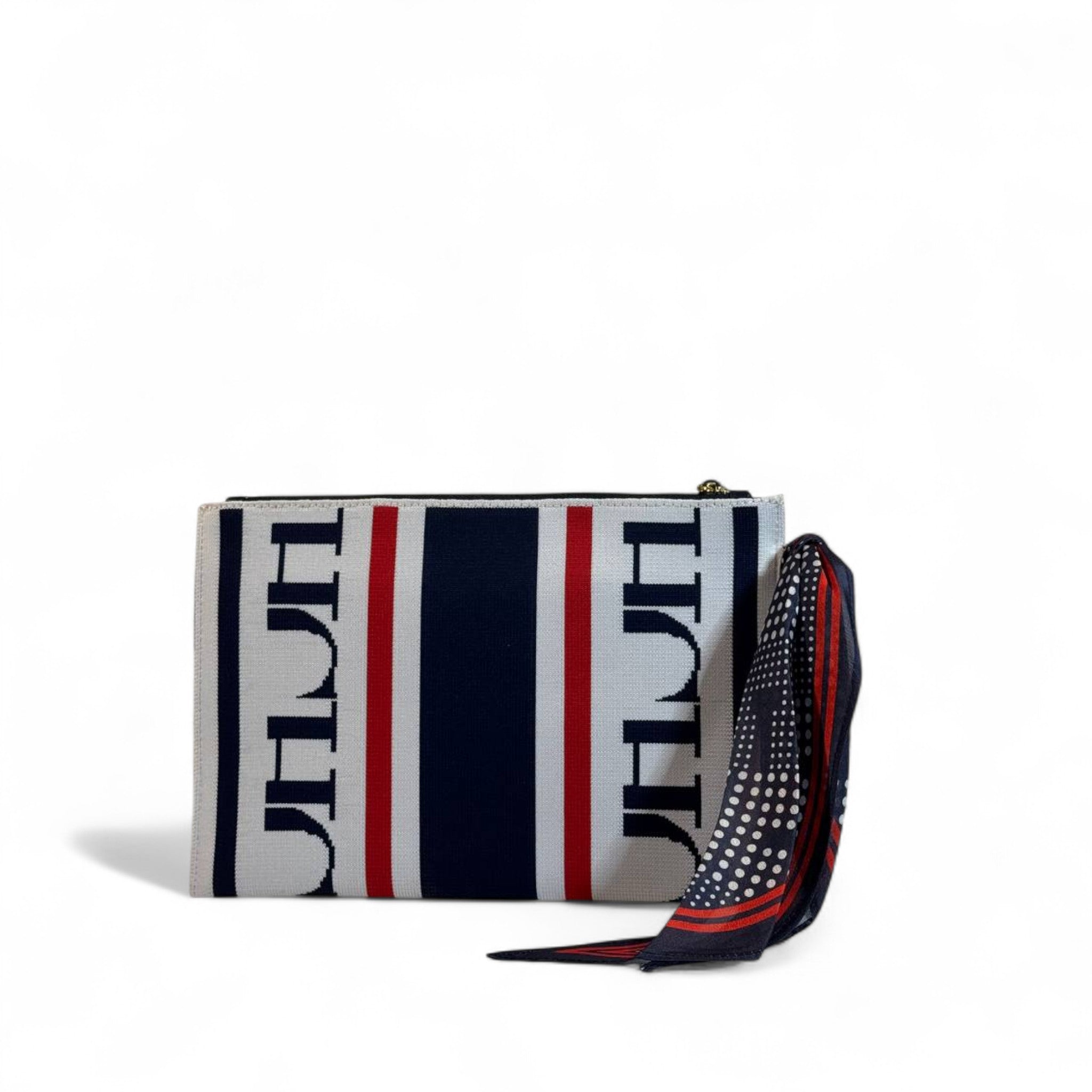 CH Carolina Herrera Monogram Clutch 👜✨ | Navy • White • Red Stripes • Silk Scarf Accent
