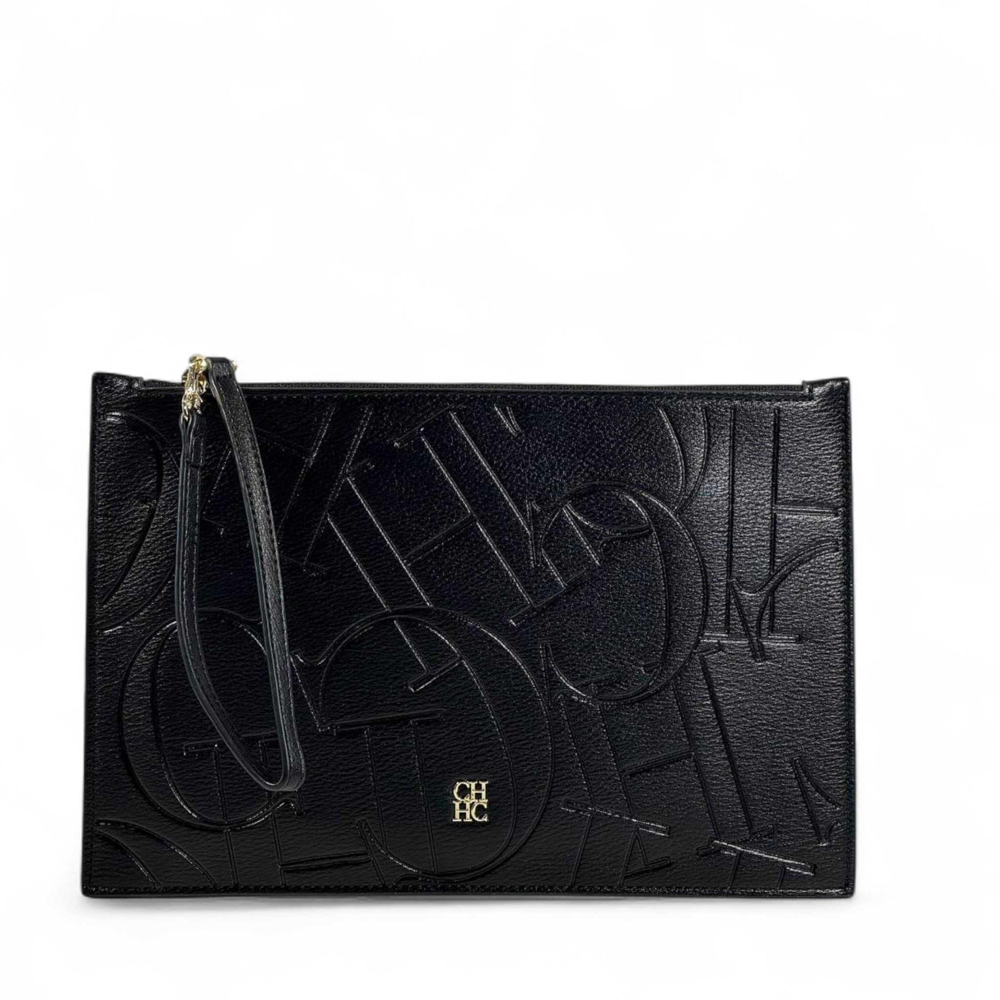 CH Carolina Herrera Black Embossed Clutch 🖤✨ | Monogram Design • Elegant Wrist Strap