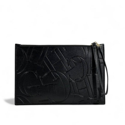 CH Carolina Herrera Black Embossed Clutch 🖤✨ | Monogram Design • Elegant Wrist Strap