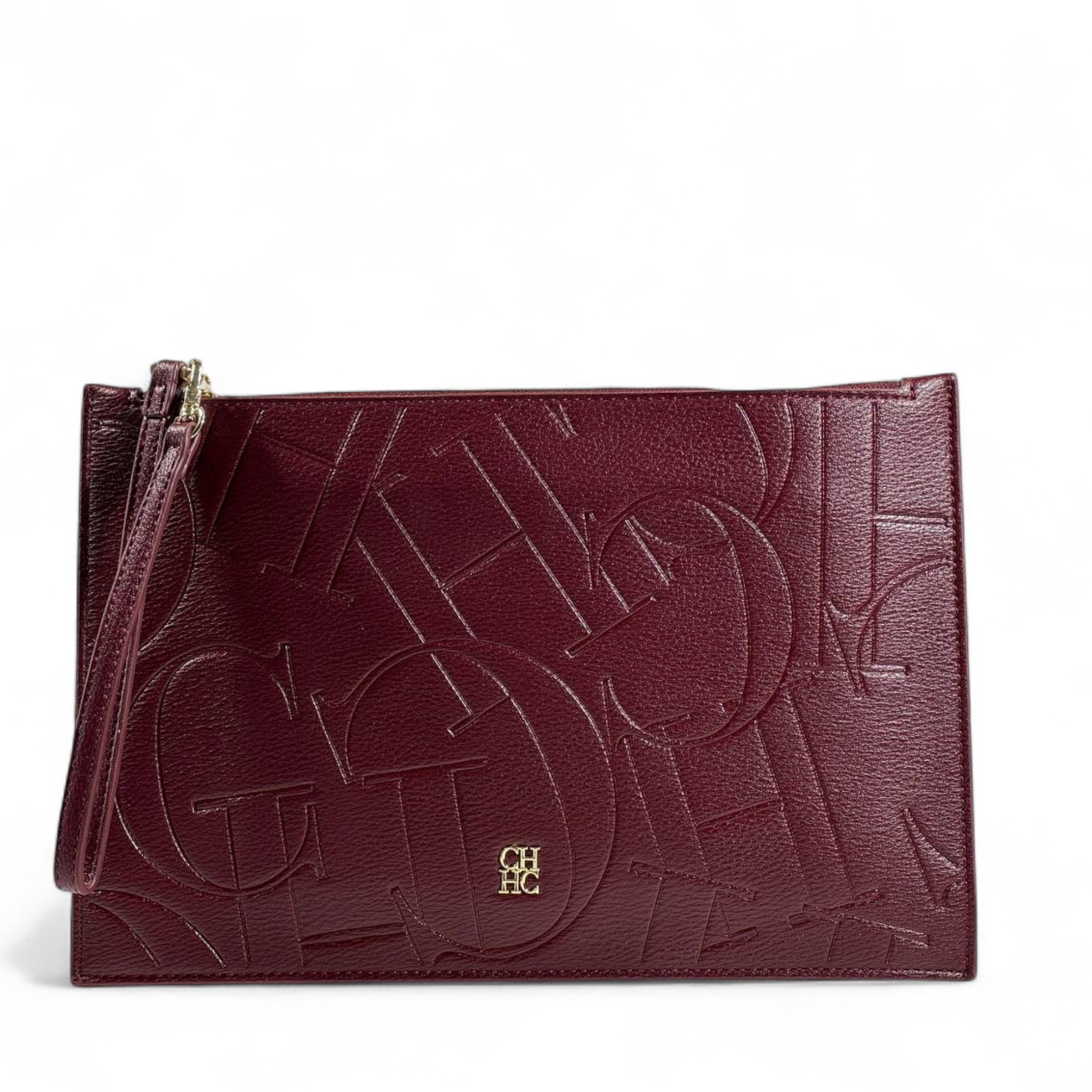 CH Carolina Herrera Burgundy Embossed Clutch 🍷✨ | Monogram Design • Elegant Wrist Strap