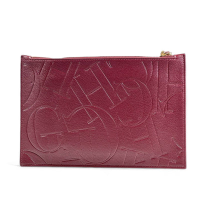 CH Carolina Herrera Burgundy Embossed Clutch 🍷✨ | Monogram Design • Elegant Wrist Strap