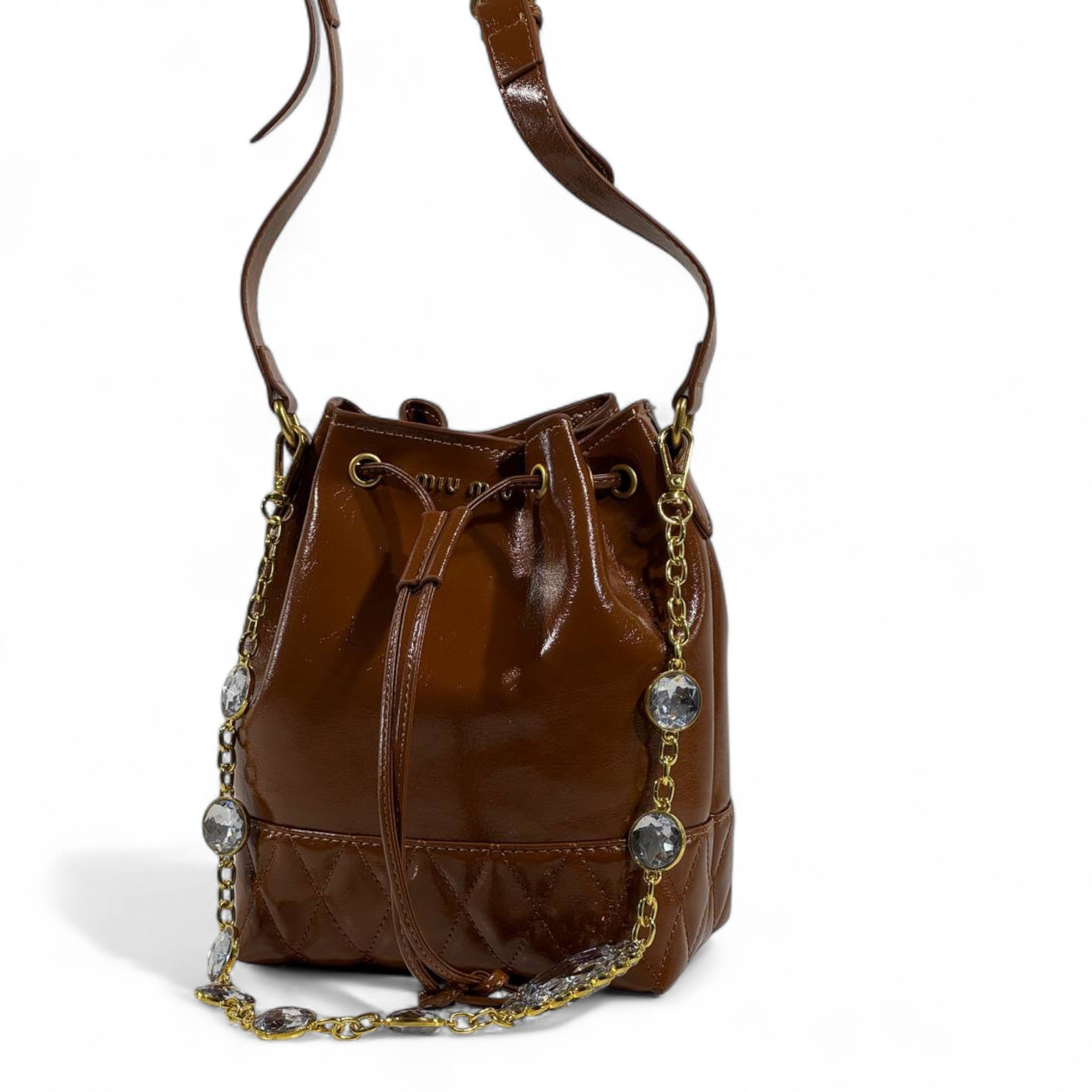 👜 Miu Miu Brown Bucket Bag ✨ | Crystal Chain Luxury Statement