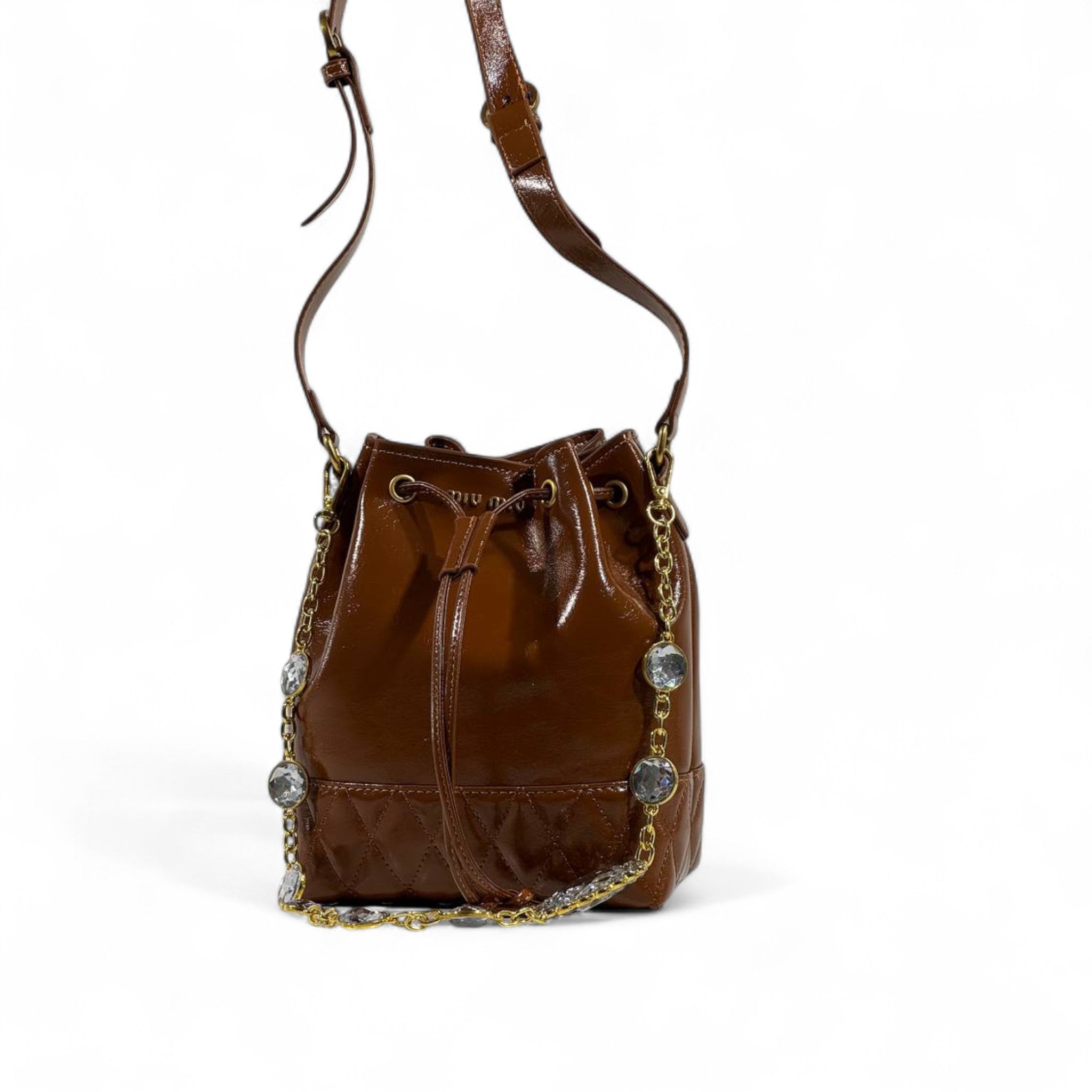 👜 Miu Miu Brown Bucket Bag ✨ | Crystal Chain Luxury Statement