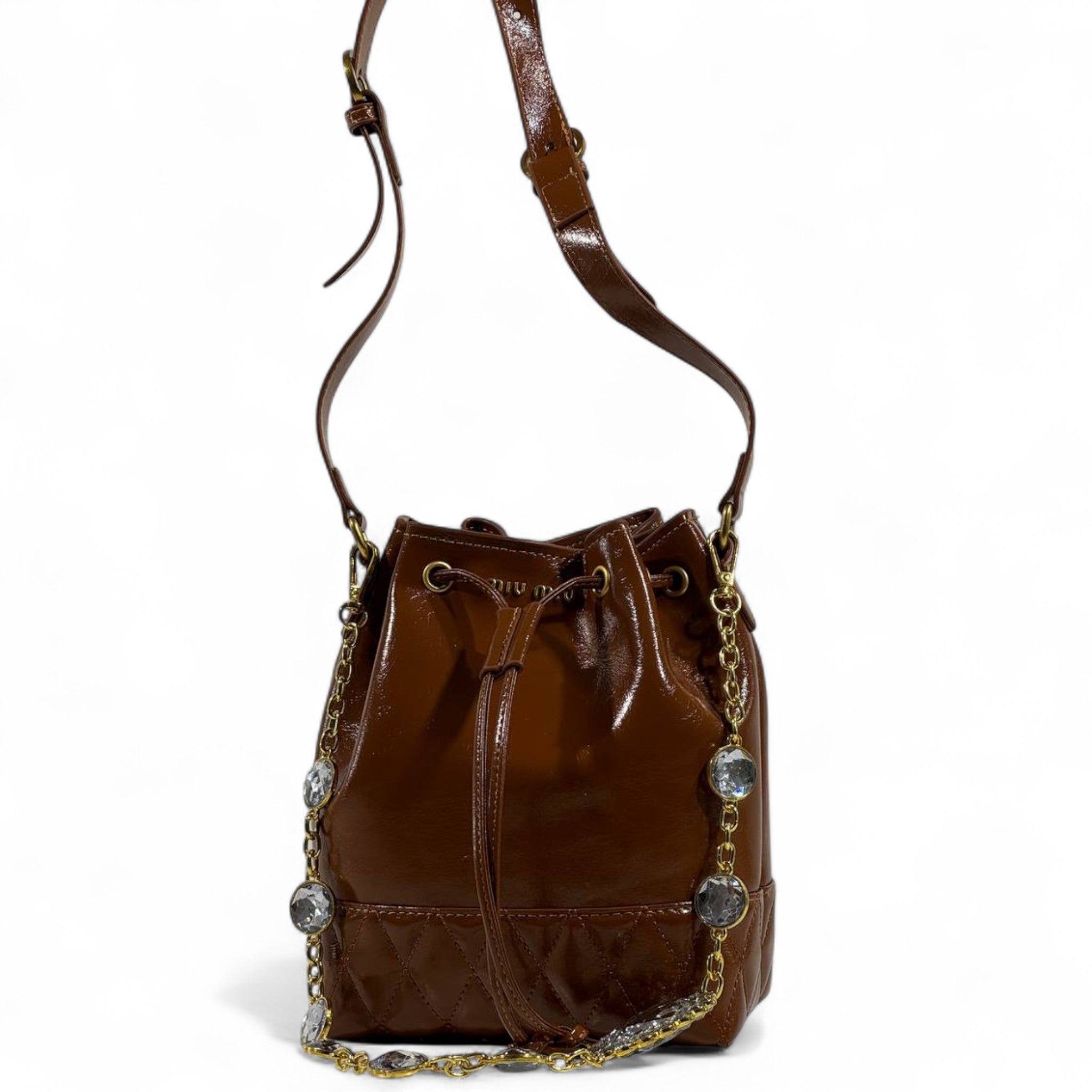 👜 Miu Miu Brown Bucket Bag ✨ | Crystal Chain Luxury Statement